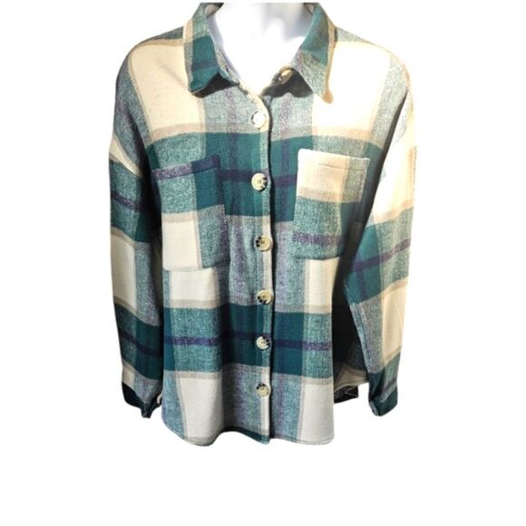 Women's Plus Size Mist Green Plaid  Flannel Shacket Jacket 3X - Picture 1 of 16